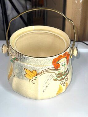 Vintage English Ceramic Biscuit Barrel With Brass Handle - No Lid